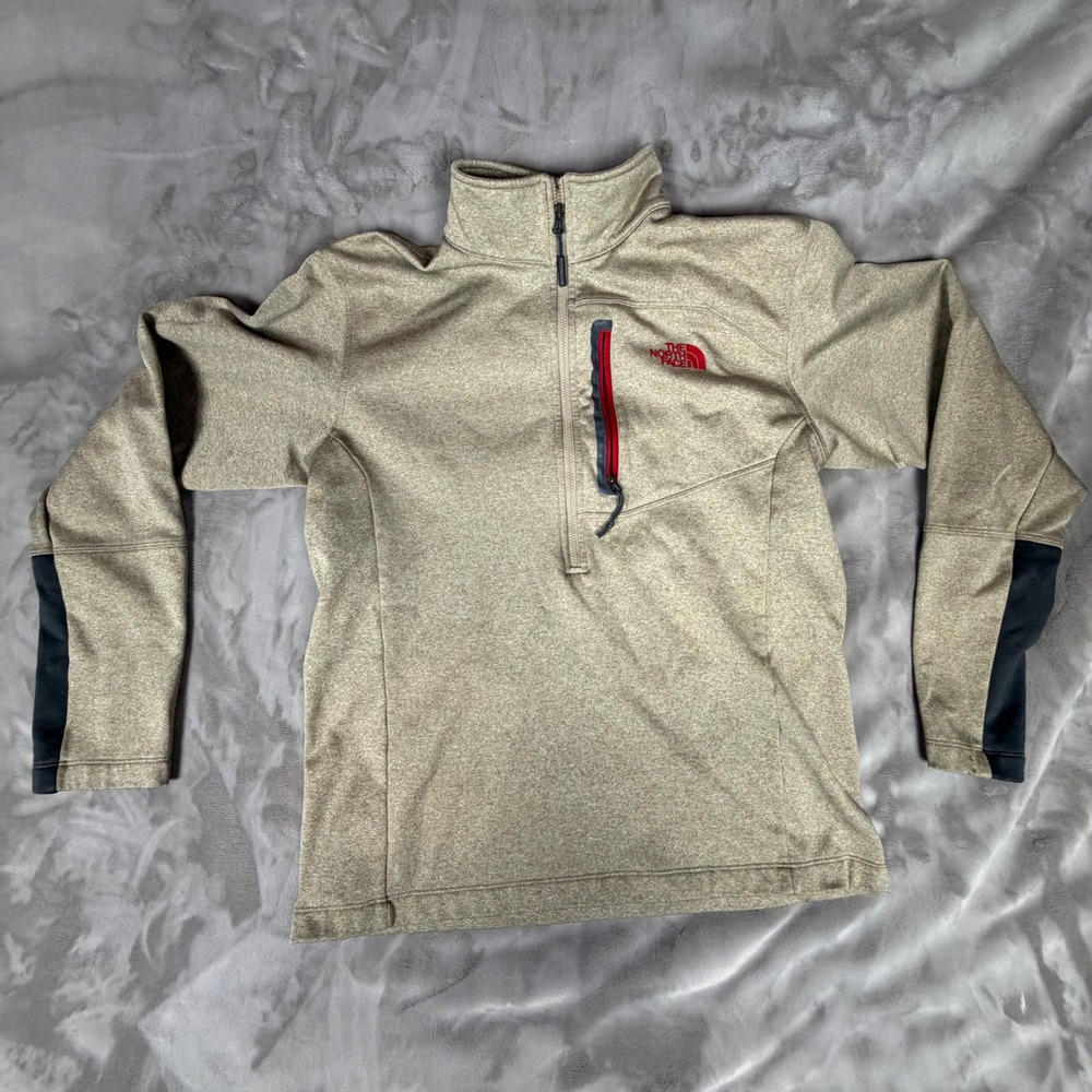 The North Face Mens Quarter Zip Fleece Pullover Tan Heather Red Logo Medium
